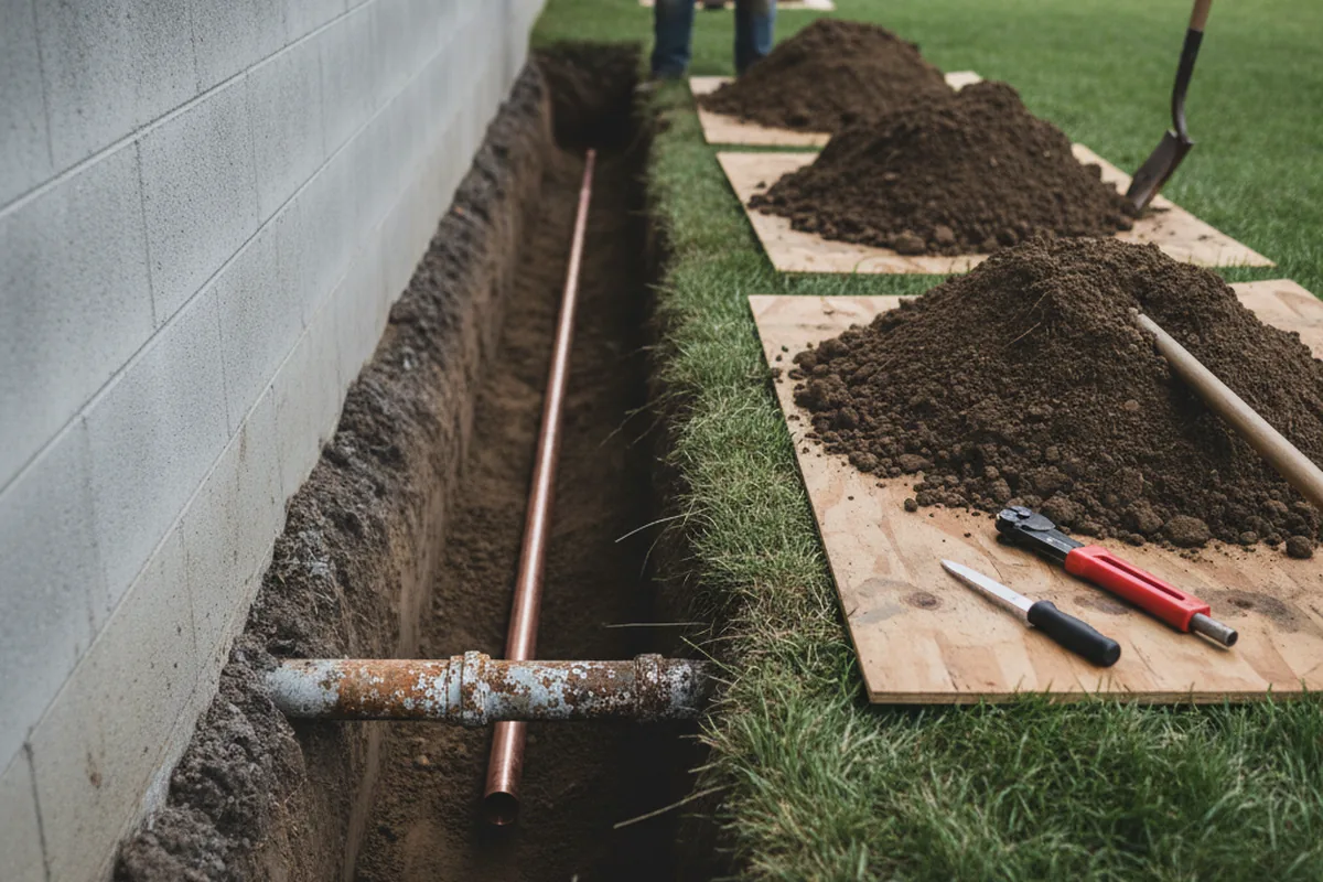 Excavated water line trench during Sewer Line Repair in Colton